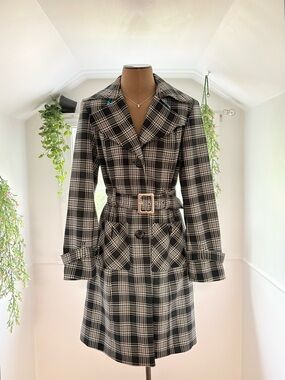 Plaid Belted Trench Coat - Black & White